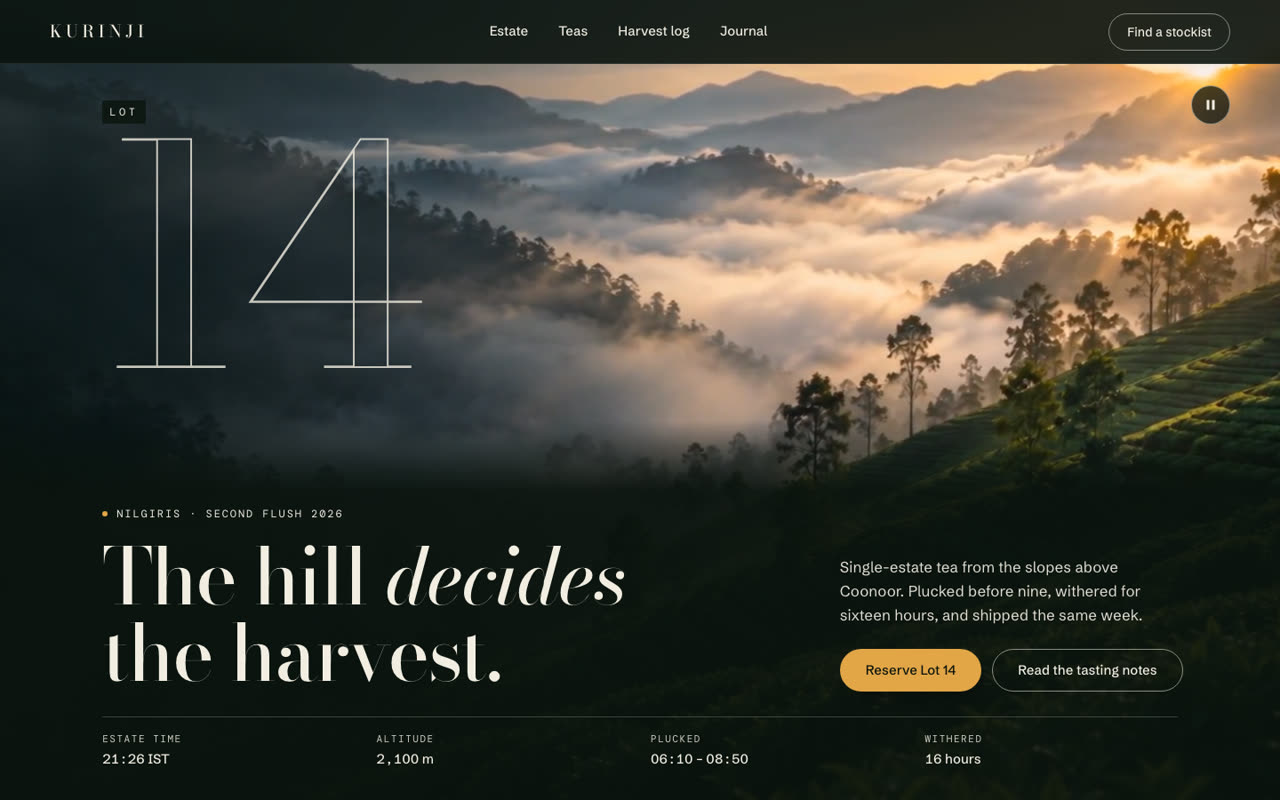 The finished page: a film of mist over tea hills at sunrise fills the screen. Over it, a large outlined 14, the headline "The hill decides the harvest.", two buttons, and a row of four facts about the lot.